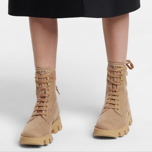 Prada Rocksand Light Beige Washed Denim Canvas Combat Lug Boots Size EU 38.5